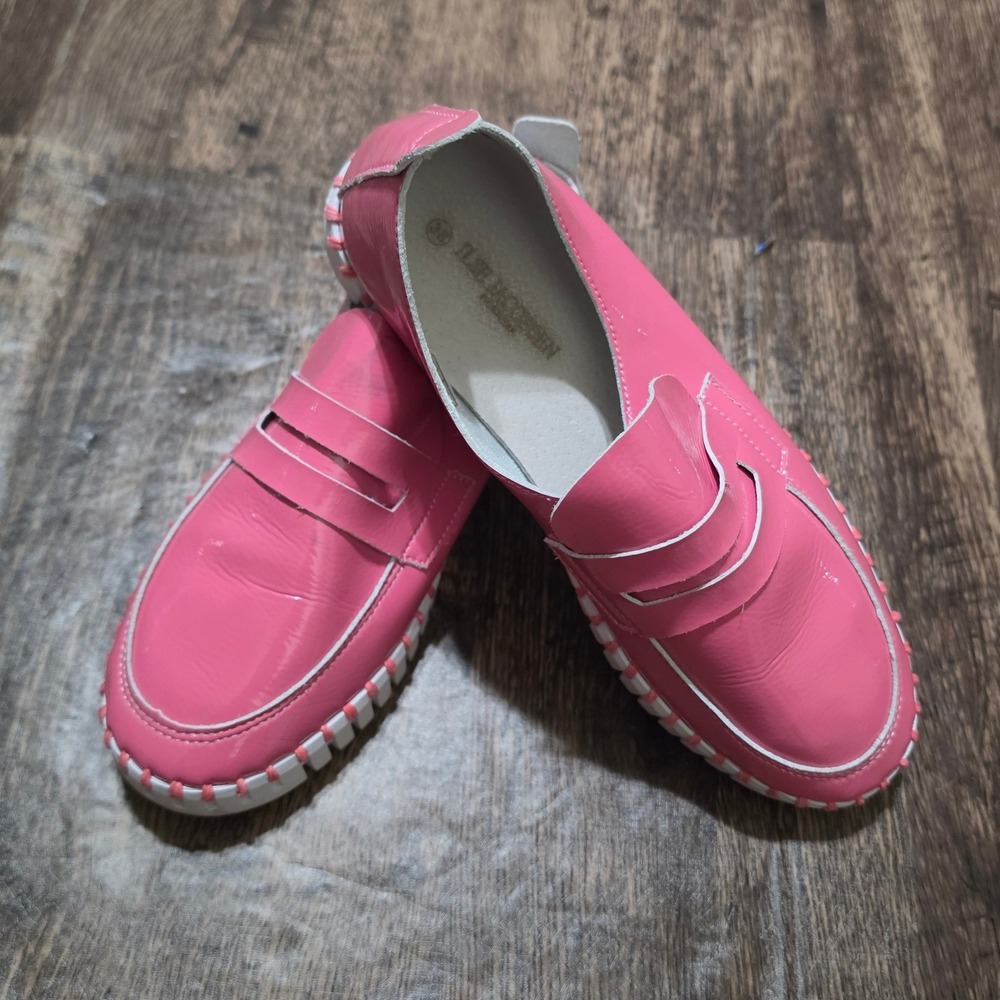 ILSE JACOBSEN Tulip Loafers Womens 38 Pink Patent Whipstitch Slip On Shoes‎